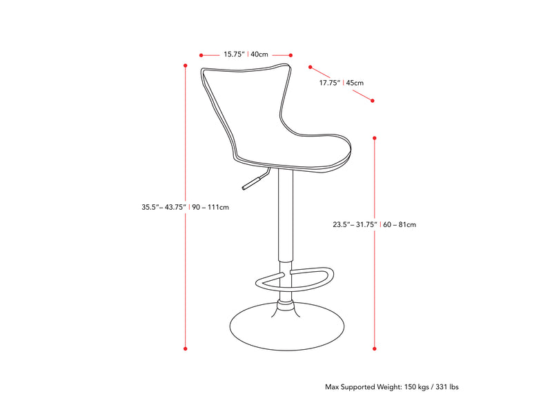 white Swivel Bar Stools Set of 2 Kayden Collection measurements diagram by CorLiving