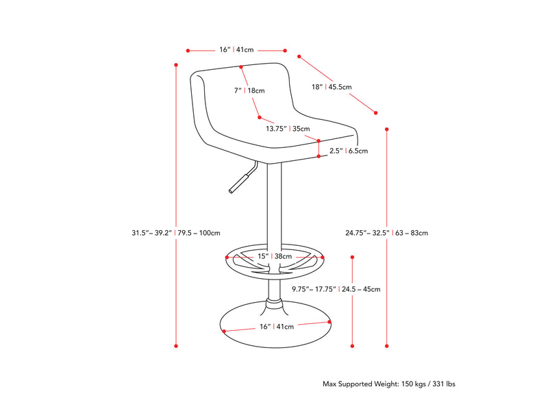 white Low Back Bar Stools Set of 2 Atlas Collection measurements diagram by CorLiving