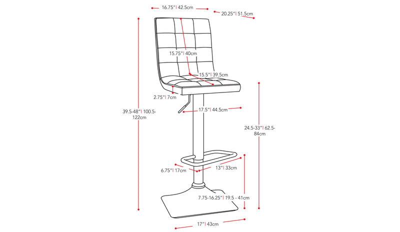 white High Back Bar Stools Set of 2 Xavier Collection measurements diagram by CorLiving