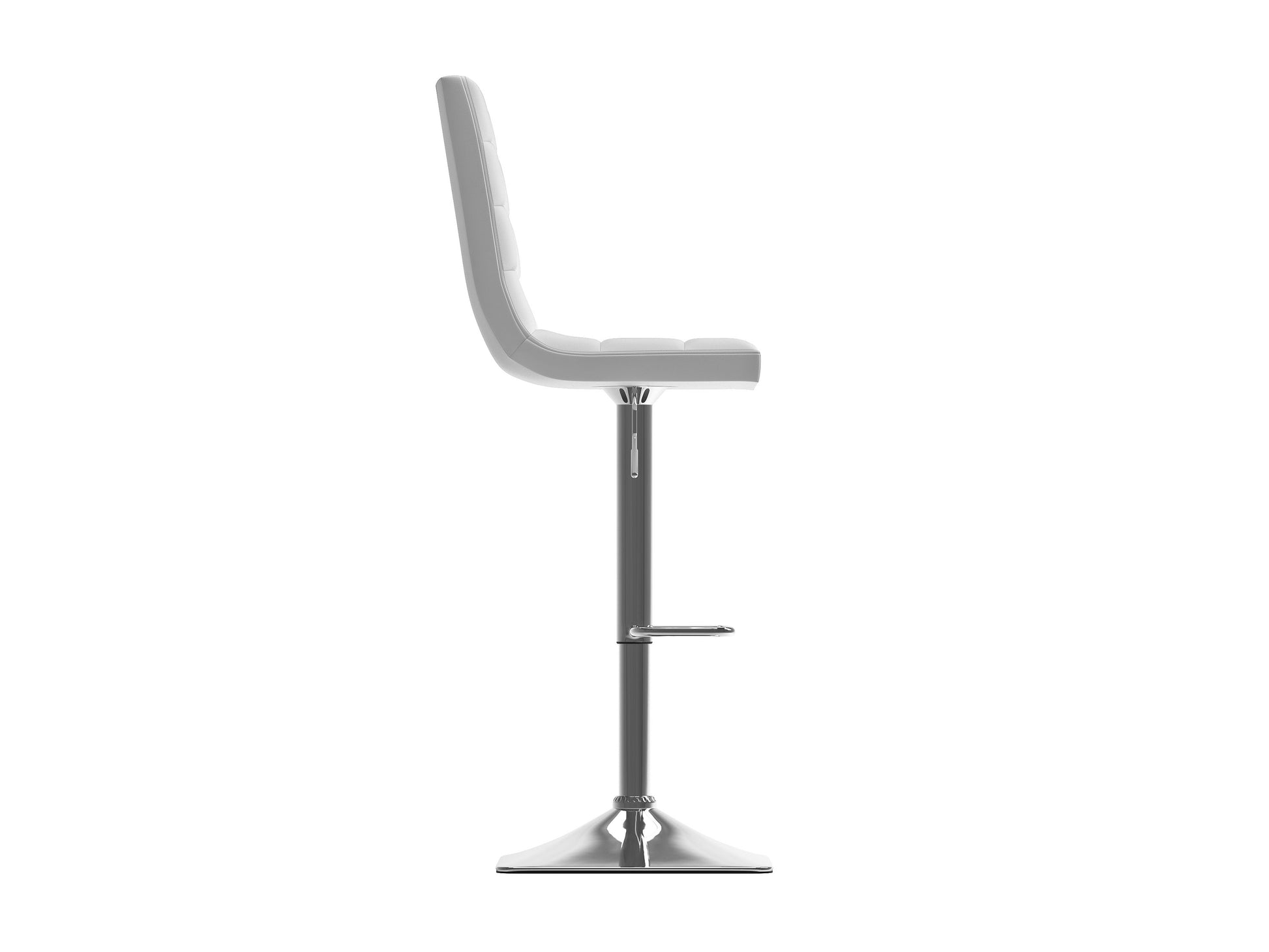 Set of 2 high back bar stools with black faux leather upholstery, sleek chrome base, and adjustable height lever. Modern design with a footrest and swivel feature, perfect for kitchen islands or home bars.