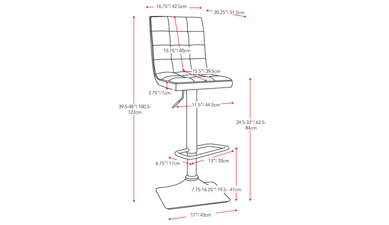 red High Back Bar Stools Set of 2 Xavier Collection measurements diagram by CorLiving