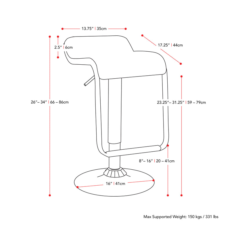 black Low Back Bar Stools Set of 2 Elias Collection measurements diagram by CorLiving