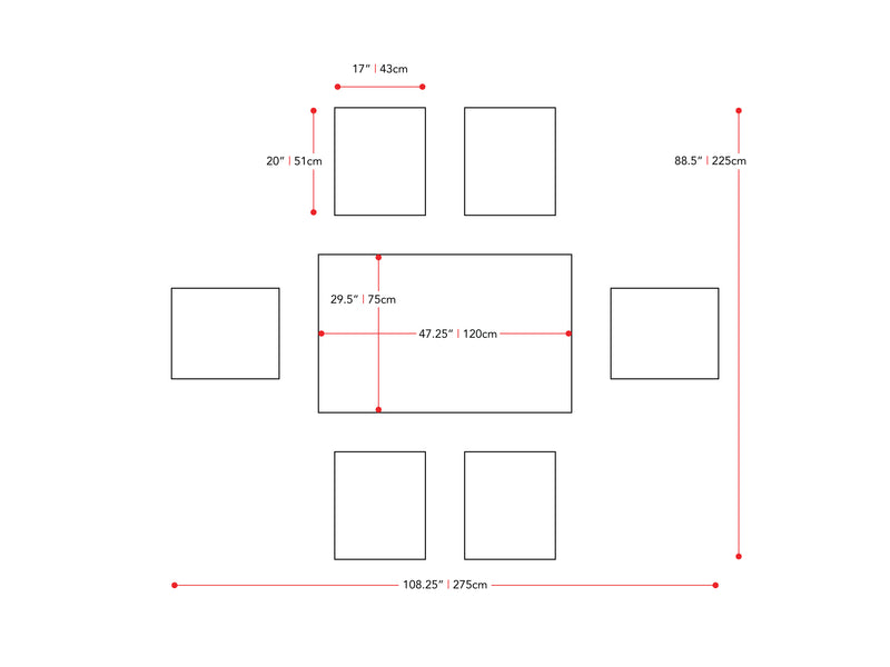 Grey and White Dining Set, 7pc Michigan Collection measurements diagram by CorLiving