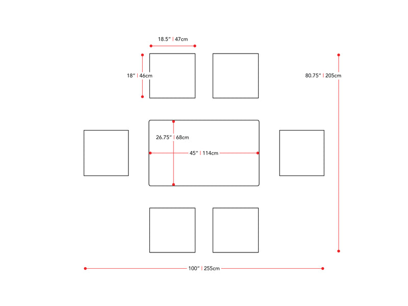 walnut Dining Table Set for 6 Branson Collection measurements diagram by CorLiving