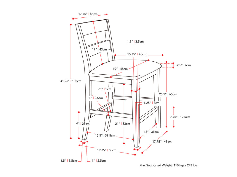 washed grey Counter Height Dining Chairs, Set of 2 Tuscany Collection measurements diagram by CorLiving