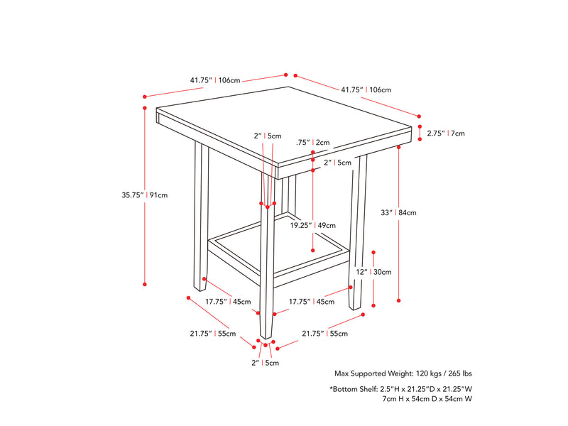 washed grey Counter Height Dining Table Tuscany Collection measurements diagram by CorLiving