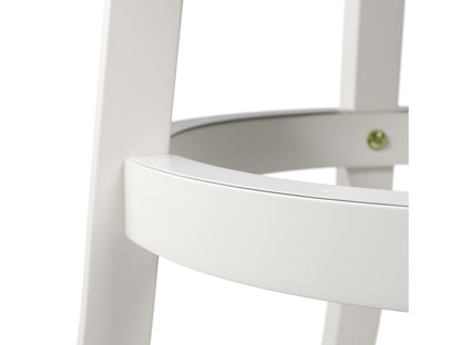 Set of 2 modern white bar stools with sleek metal legs, curved backrest, and cushioned seats. Ideal for kitchen islands or home bars, these stools offer a stylish and comfortable seating solution.