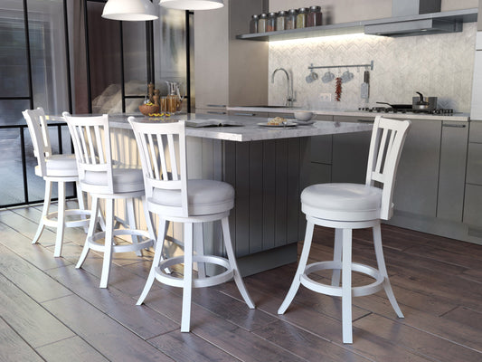 White bar stools set of 2 with sleek chrome bases, adjustable height, and cushioned seats. Modern design perfect for kitchen islands or home bars.