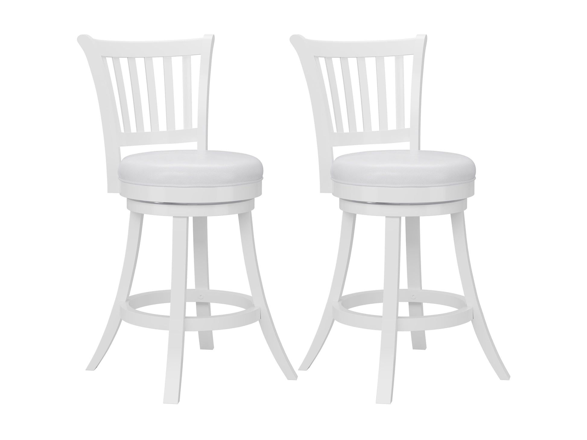 White bar stools set of 2 with cushioned seats, sleek chrome legs, and footrests; modern design perfect for kitchen islands or home bars.