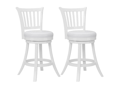 White bar stools set of 2 with cushioned seats, sleek chrome legs, and footrests; modern design perfect for kitchen islands or home bars.