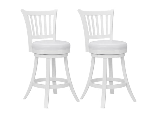 White bar stools set of 2 with cushioned seats, sleek chrome legs, and footrests; modern design perfect for kitchen islands or home bars.