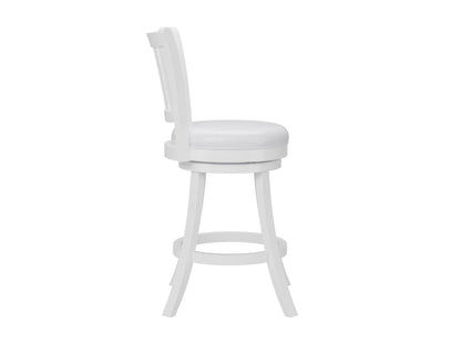 White bar stools set of 2 with cushioned seats, chrome footrests, and adjustable height. Modern design with sleek lines and sturdy construction, perfect for kitchen islands or home bars.