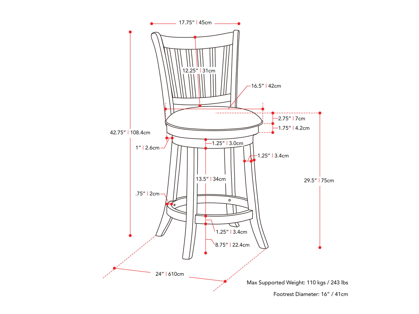 white White Bar Stools Set of 2 Winston Collection measurements diagram by CorLiving