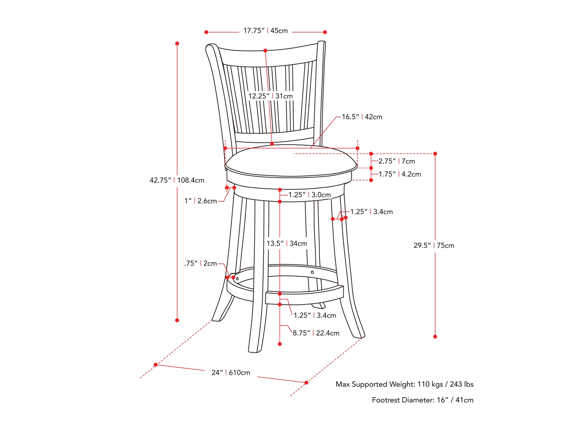 white White Bar Stools Set of 2 Winston Collection measurements diagram by CorLiving