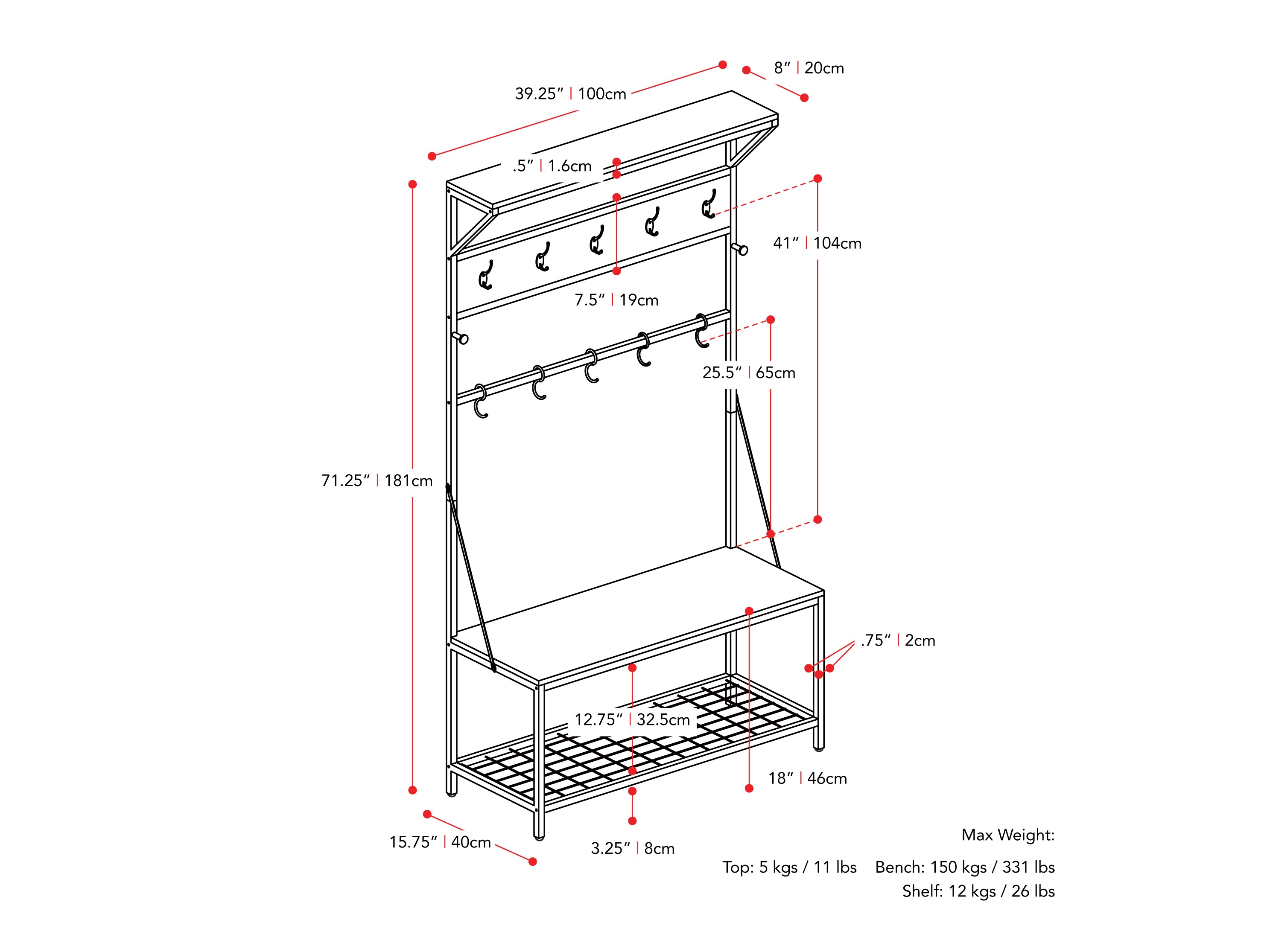 brown Hall Tree with Storage Bench Rowan Collection measurements diagram by CorLiving#color_rowan-brown