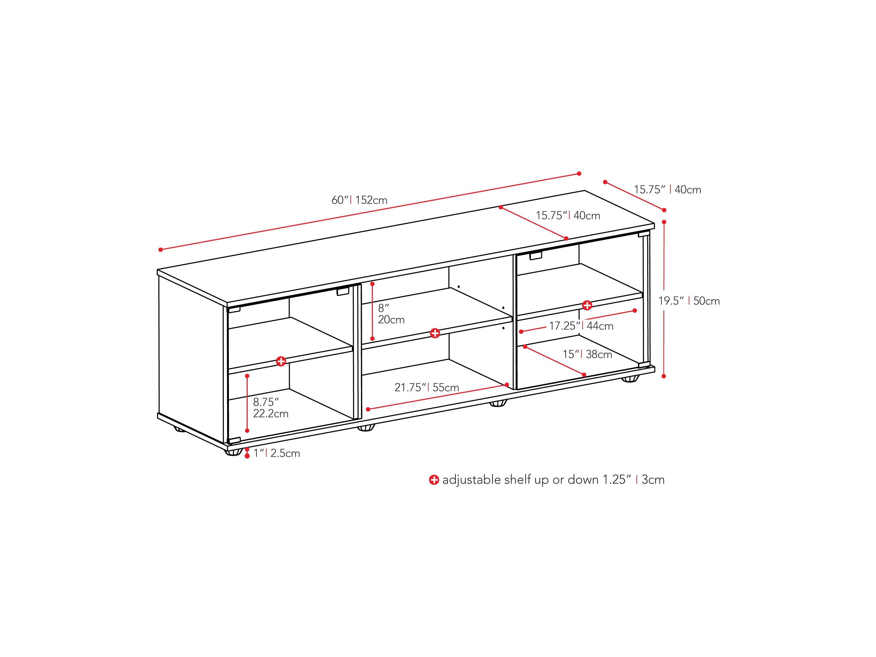 black TV Stand with Glass Doors for TVs up to 75" Fiji Collection measurements diagram by CorLiving#color_black