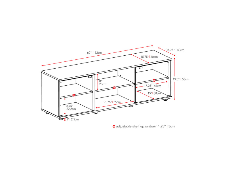 black TV Stand with Glass Doors for TVs up to 75" Fiji Collection measurements diagram by CorLiving