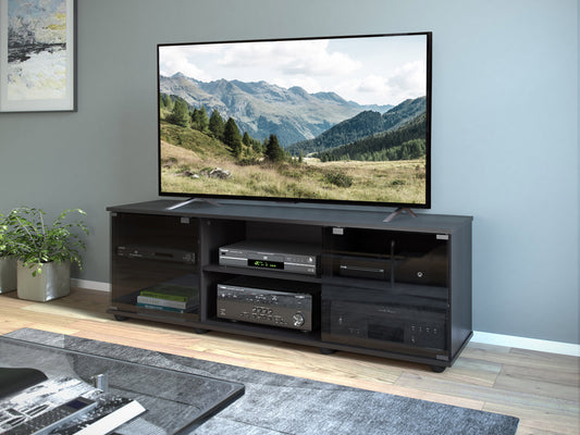 TV stand for TVs up to 75 inches, featuring glass doors, dark wood finish, sleek metal handles, and adjustable shelves for storage and organization. Ideal for modern living rooms or entertainment spaces.