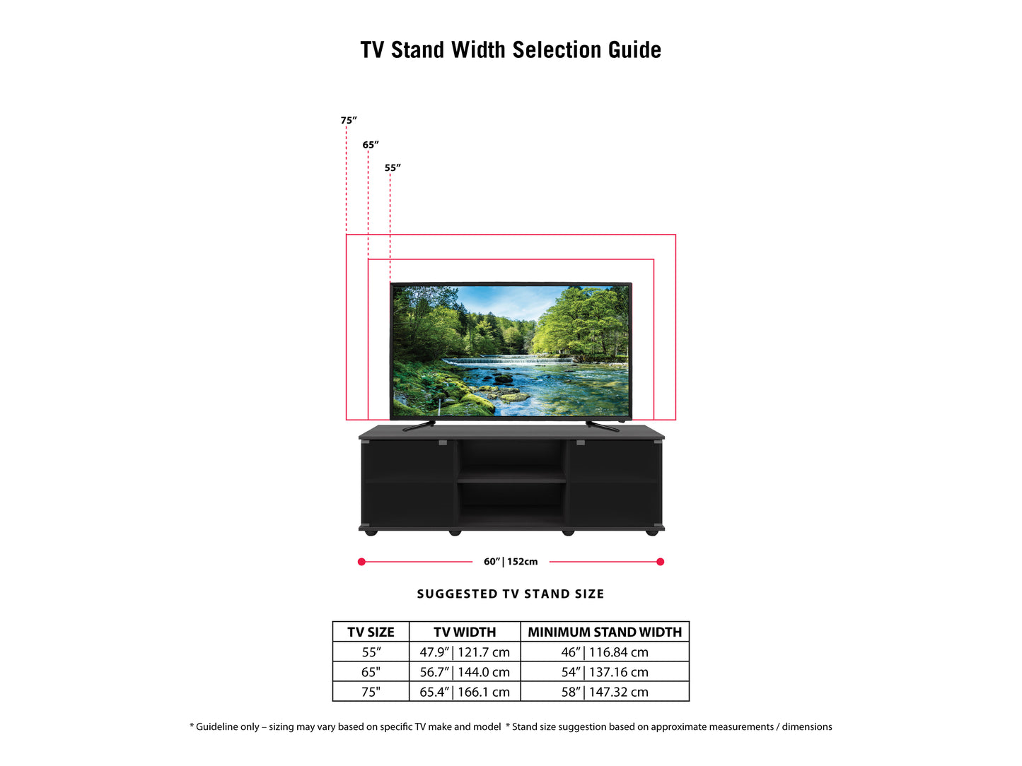 Modern TV stand for TVs up to 75", featuring sleek black finish, glass doors, and open shelving. Ideal for contemporary living rooms, offering ample storage space for media devices and accessories.