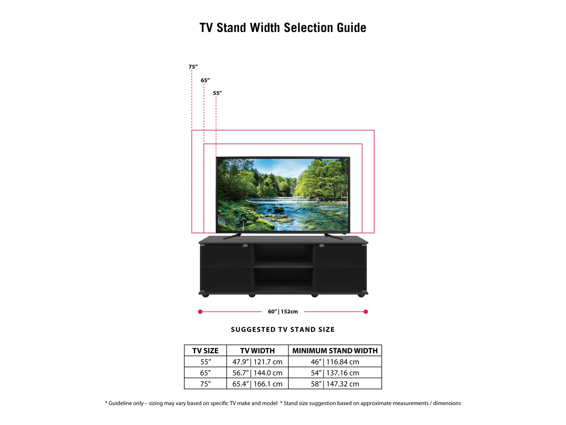 Modern TV stand for TVs up to 75", featuring sleek black finish, glass doors, and open shelving. Ideal for contemporary living rooms, offering ample storage space for media devices and accessories.