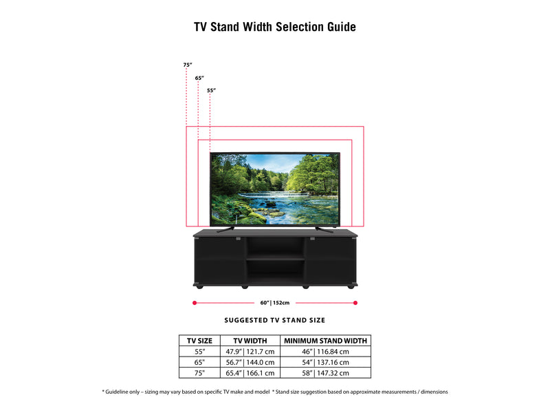 black TV Stand with Glass Doors for TVs up to 75" Fiji Collection infographic by CorLiving