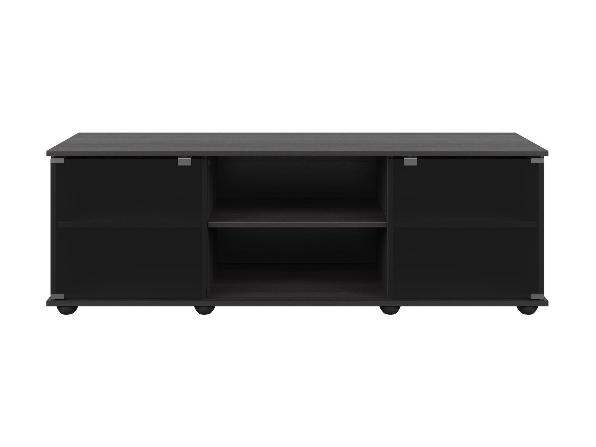 Modern TV stand with glass doors, suitable for TVs up to 75 inches, featuring a sleek black finish, sturdy wooden construction, and ample storage space with adjustable shelves.