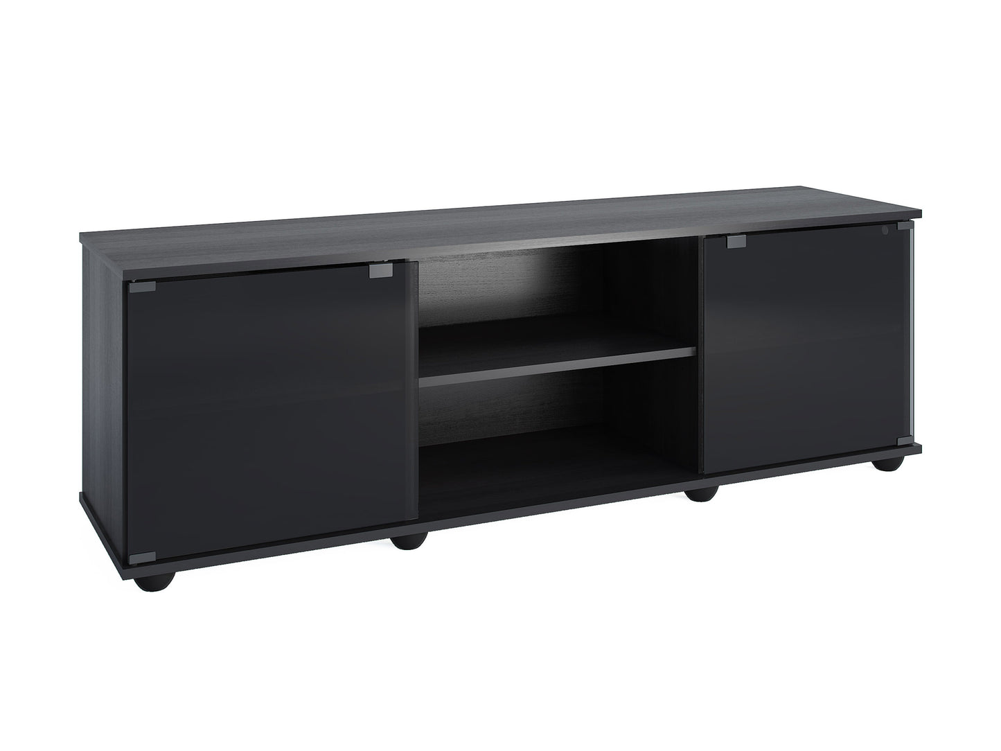 Modern TV stand with glass doors, fits TVs up to 75 inches, featuring a sleek black finish, wood texture, and silver handles. Ideal for contemporary living rooms, offering ample storage space for media accessories.