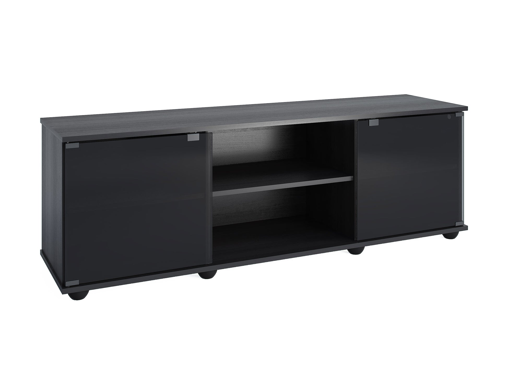 Modern TV stand with glass doors, fits TVs up to 75 inches, featuring a sleek black finish, wood texture, and silver handles. Ideal for contemporary living rooms, offering ample storage space for media accessories.