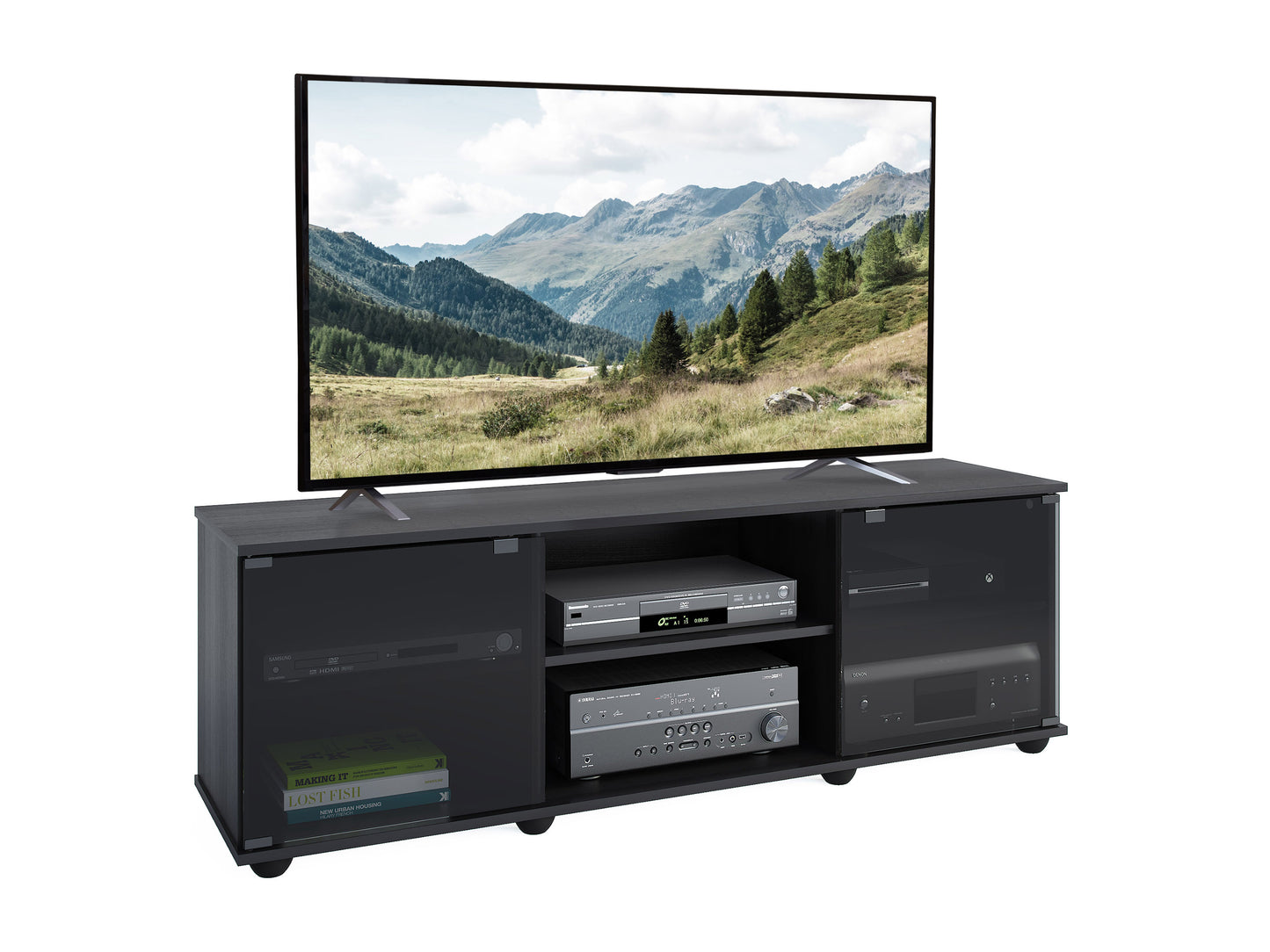 Modern TV stand for TVs up to 75 inches, featuring two glass doors, dark wood finish, sleek metal handles, and ample storage space for electronics and decor.