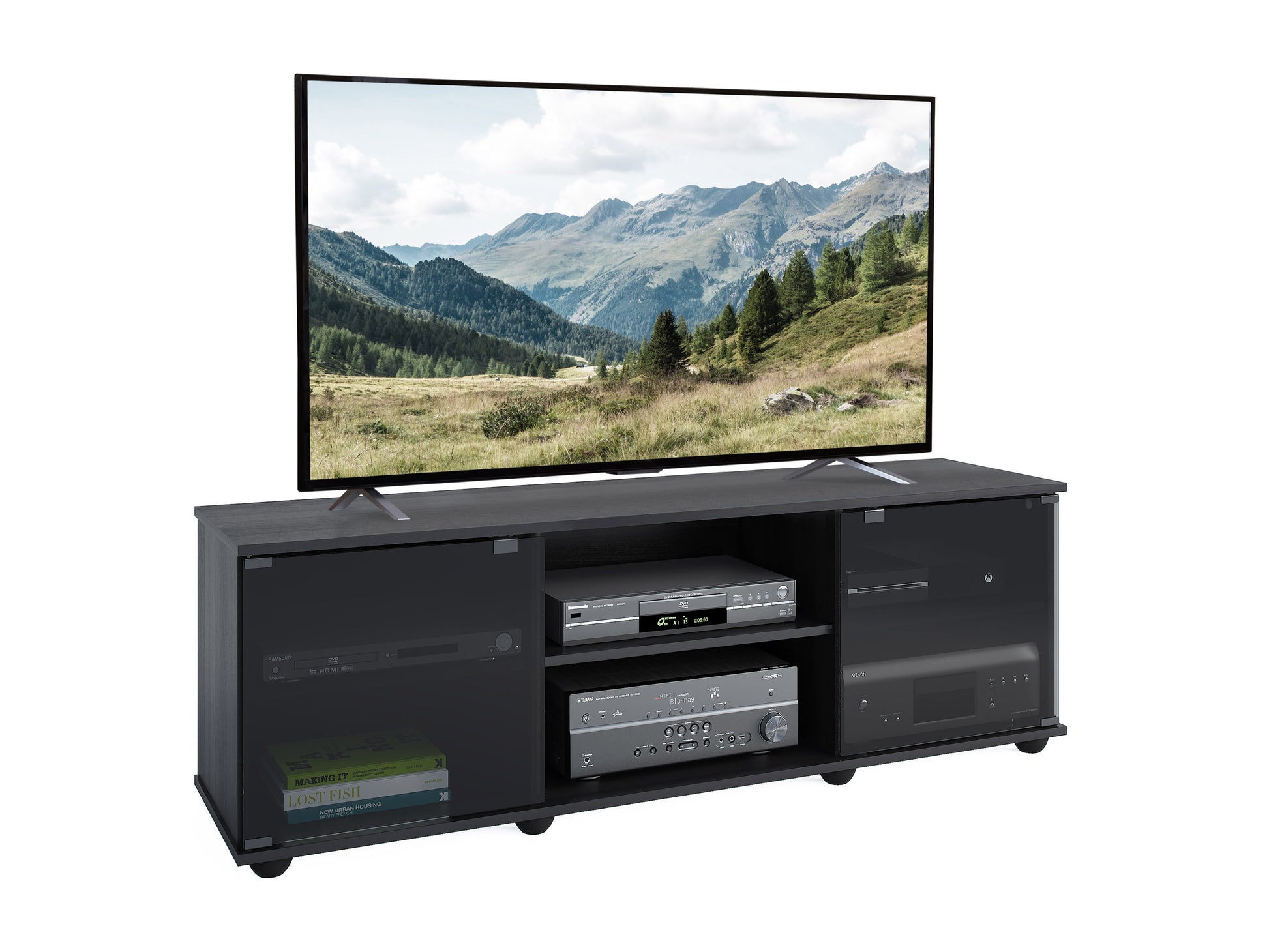 Modern TV stand for TVs up to 75 inches, featuring two glass doors, dark wood finish, sleek metal handles, and ample storage space for electronics and decor.