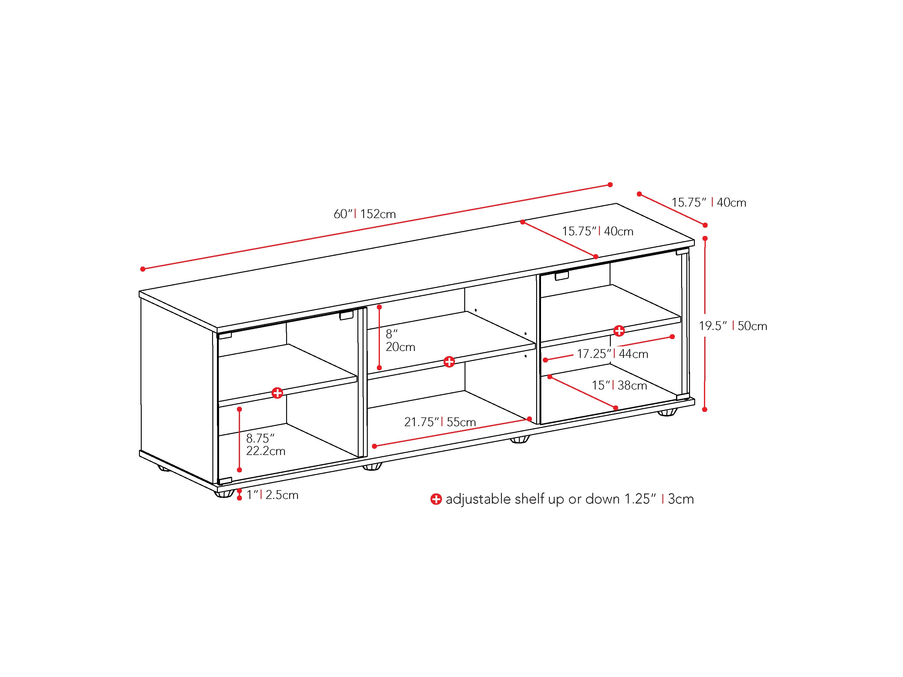 brown Wood TV Stand for TVs up to 75" Fiji Collection measurements diagram by CorLiving#color_brown