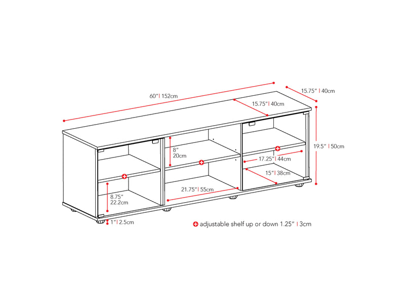 brown Wood TV Stand for TVs up to 75" Fiji Collection measurements diagram by CorLiving