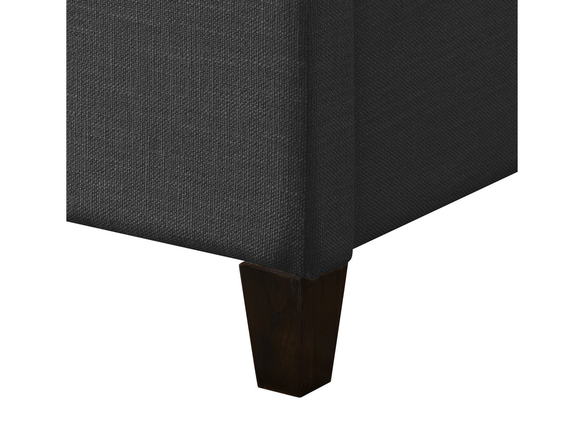 Gray upholstered double/full bed with tufted headboard, wooden legs, and soft fabric texture. Modern design, ideal for contemporary bedrooms. Durable construction and comfortable support for a restful sleep.