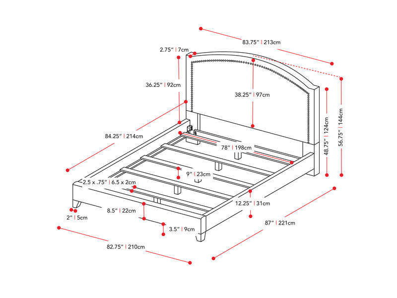 dark grey Upholstered King Bed Florence Collection measurements diagram by CorLiving