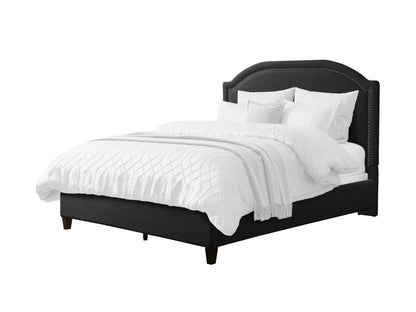 Upholstered double/full bed with tufted headboard in beige fabric, featuring wooden legs and a sturdy frame, ideal for modern bedrooms.