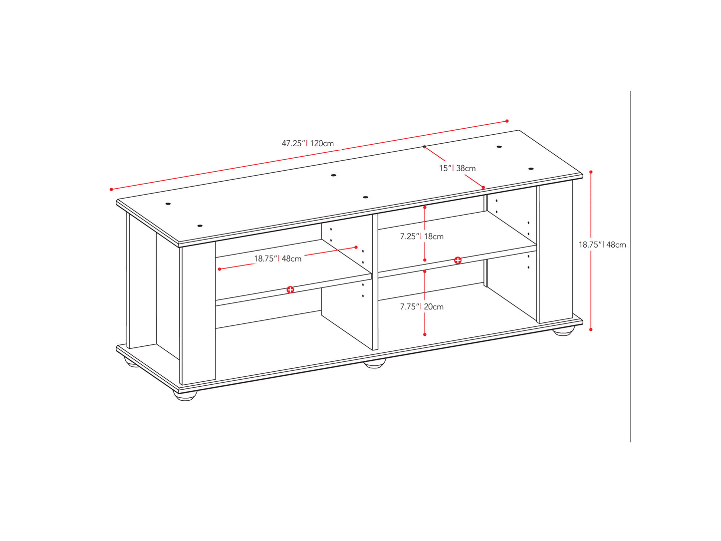 Black wooden TV stand with two open shelves, two cabinets, and silver handles, suitable for TVs up to 55 inches. Sleek, modern design with a matte finish and sturdy construction.