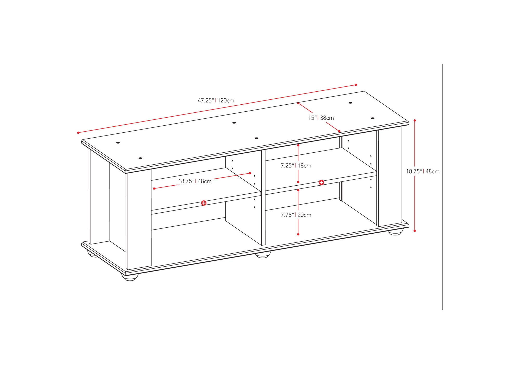 Black wooden TV stand with two open shelves, two cabinets, and silver handles, suitable for TVs up to 55 inches. Sleek, modern design with a matte finish and sturdy construction.