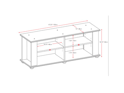 Black wooden TV stand with two open shelves, two cabinets, and silver handles, suitable for TVs up to 55 inches. Sleek, modern design with a matte finish and sturdy construction.