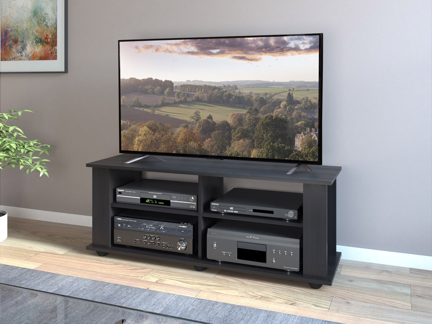 Black wooden TV stand with sleek design, open shelving, and cable management, suitable for TVs up to 55 inches, featuring a sturdy frame and minimalist style.