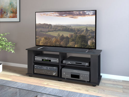 Black wooden TV stand with sleek design, open shelving, and cable management, suitable for TVs up to 55 inches, featuring a sturdy frame and minimalist style.