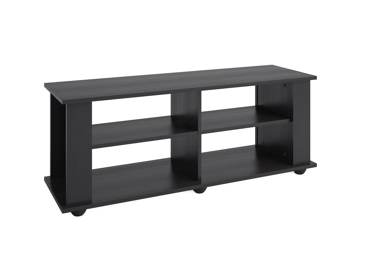 Black wooden TV stand with open shelves and cabinet doors, suitable for TVs up to 55 inches. Features sleek design, ample storage space, and sturdy construction. Ideal for modern living rooms or entertainment areas.