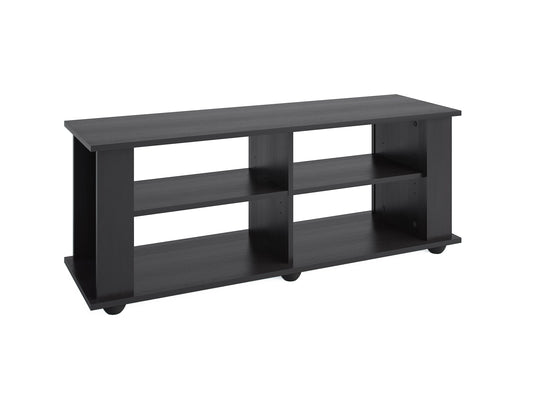 Black wooden TV stand with open shelves and cabinet doors, suitable for TVs up to 55 inches. Features sleek design, ample storage space, and sturdy construction. Ideal for modern living rooms or entertainment areas.
