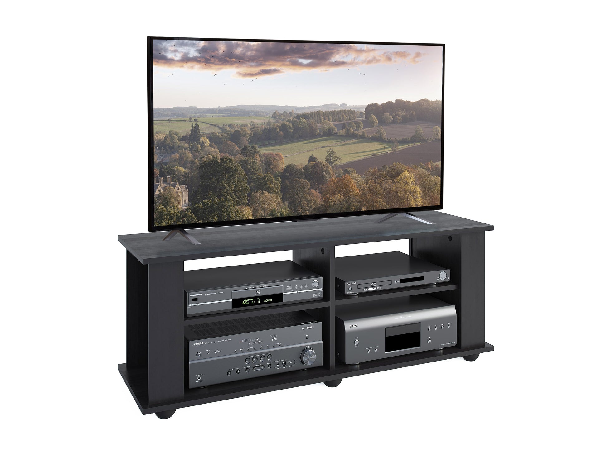 Black wooden TV stand with sleek modern design, open shelving, and cable management. Suitable for TVs up to 55 inches.