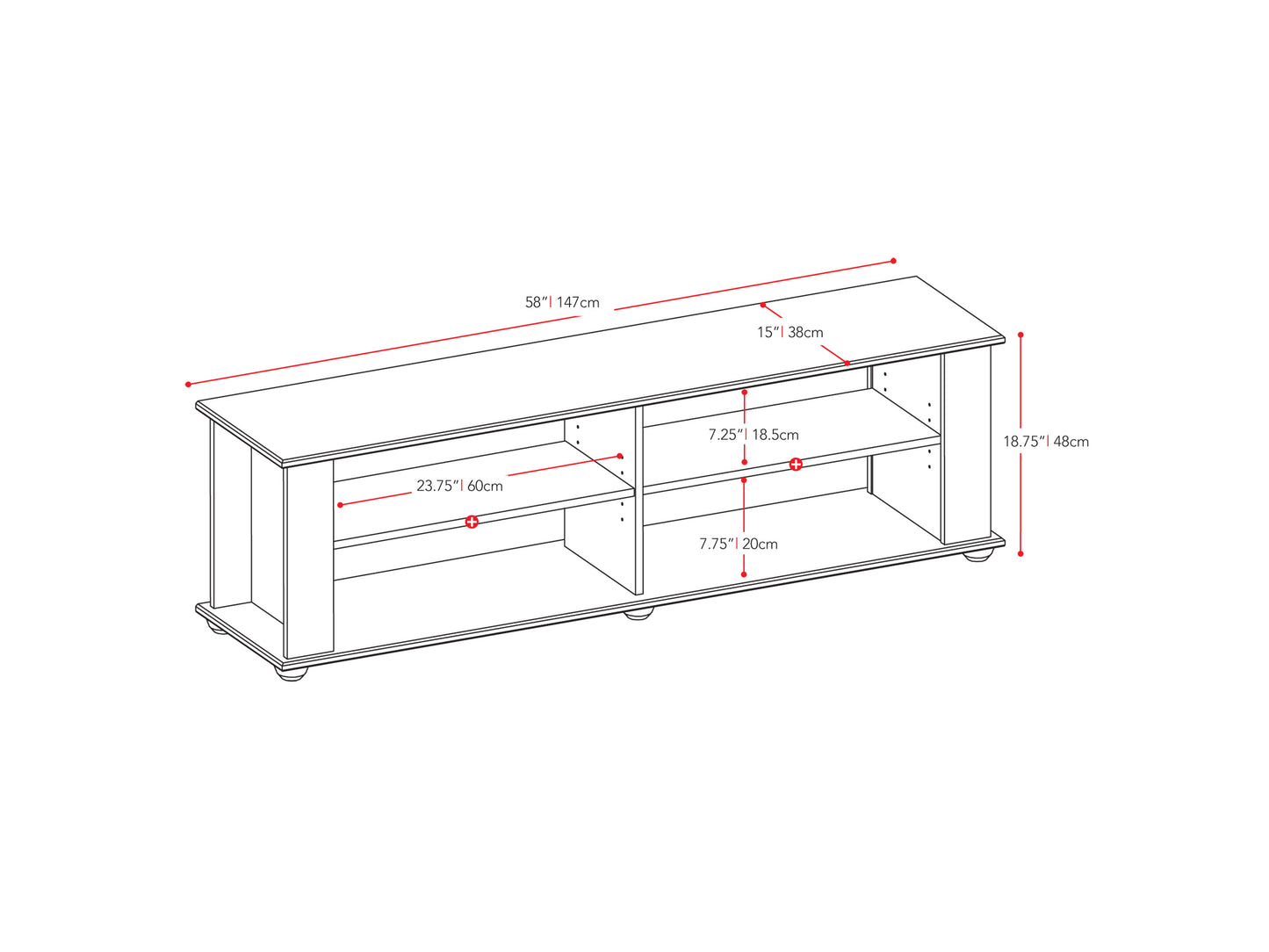 Black wooden TV stand with sleek design, suitable for TVs up to 75 inches, featuring two open shelves and two drawers for storage, with a matte finish and minimalist style.
