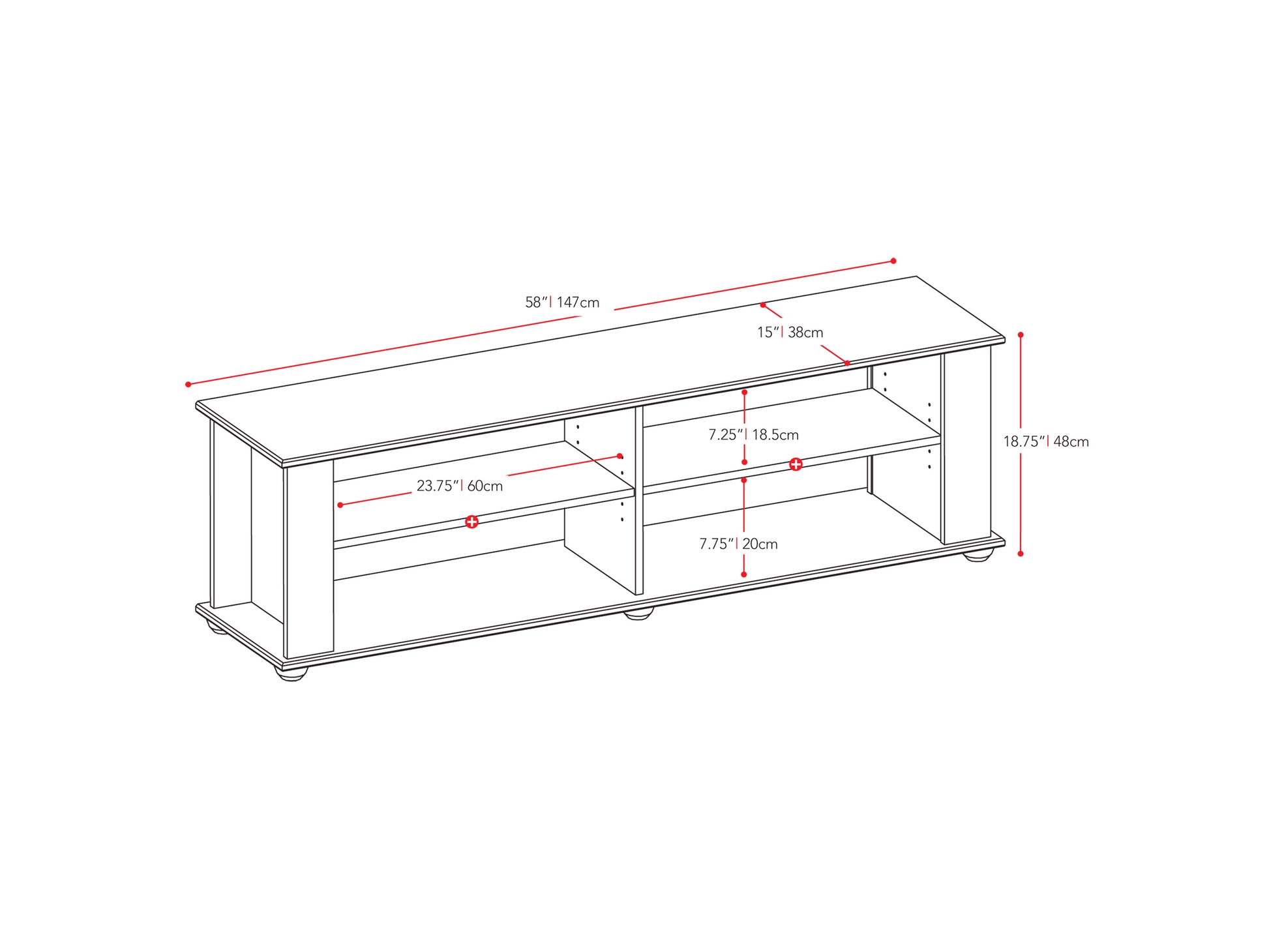 Black wooden TV stand with sleek design, suitable for TVs up to 75 inches, featuring two open shelves and two drawers for storage, with a matte finish and minimalist style.