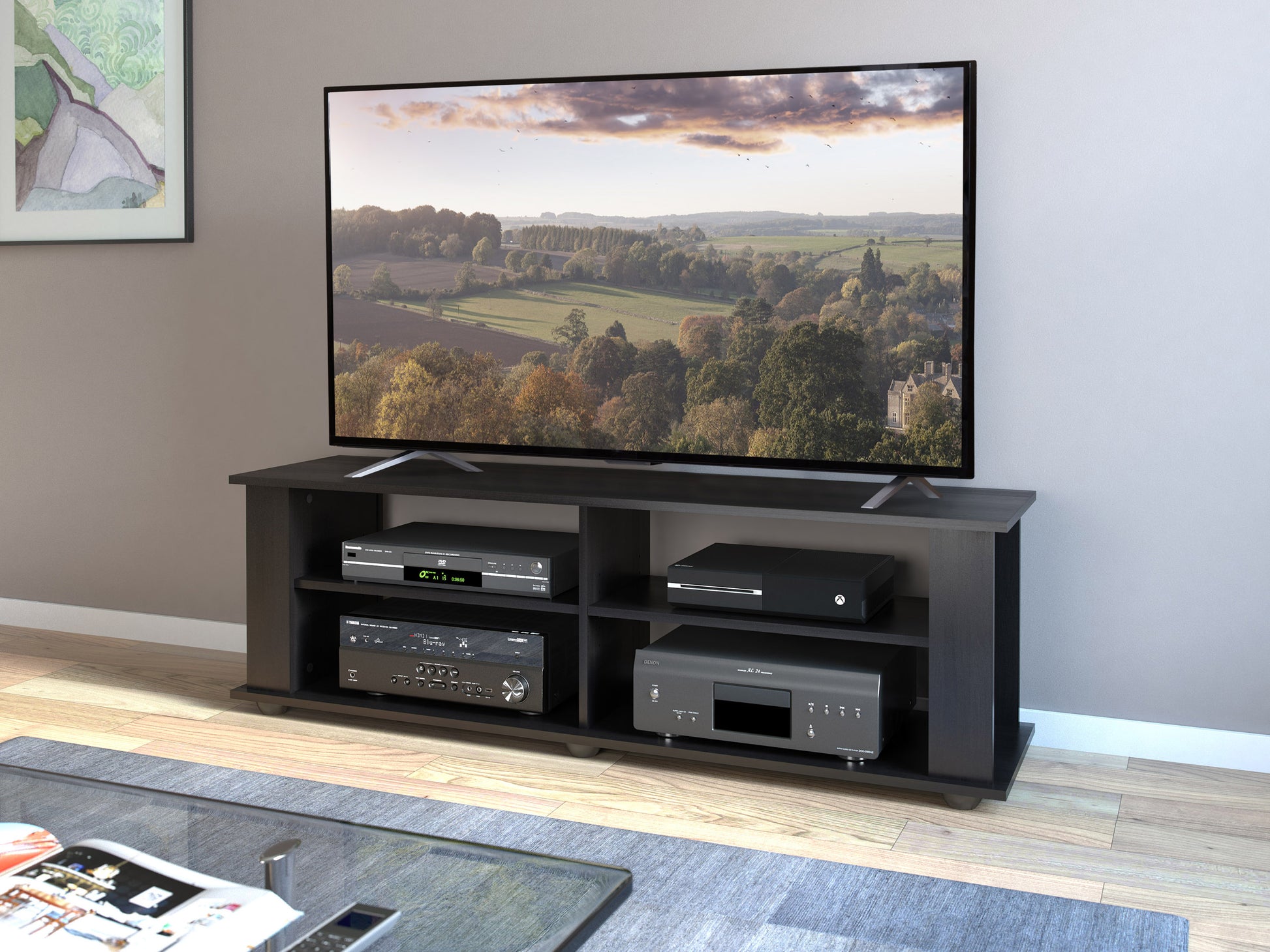 Modern black wooden TV stand with sleek design, open shelving, and cabinets; accommodates TVs up to 75 inches.