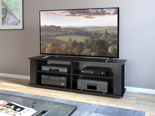 Modern black wooden TV stand with sleek design, open shelving, and cabinets; accommodates TVs up to 75 inches.