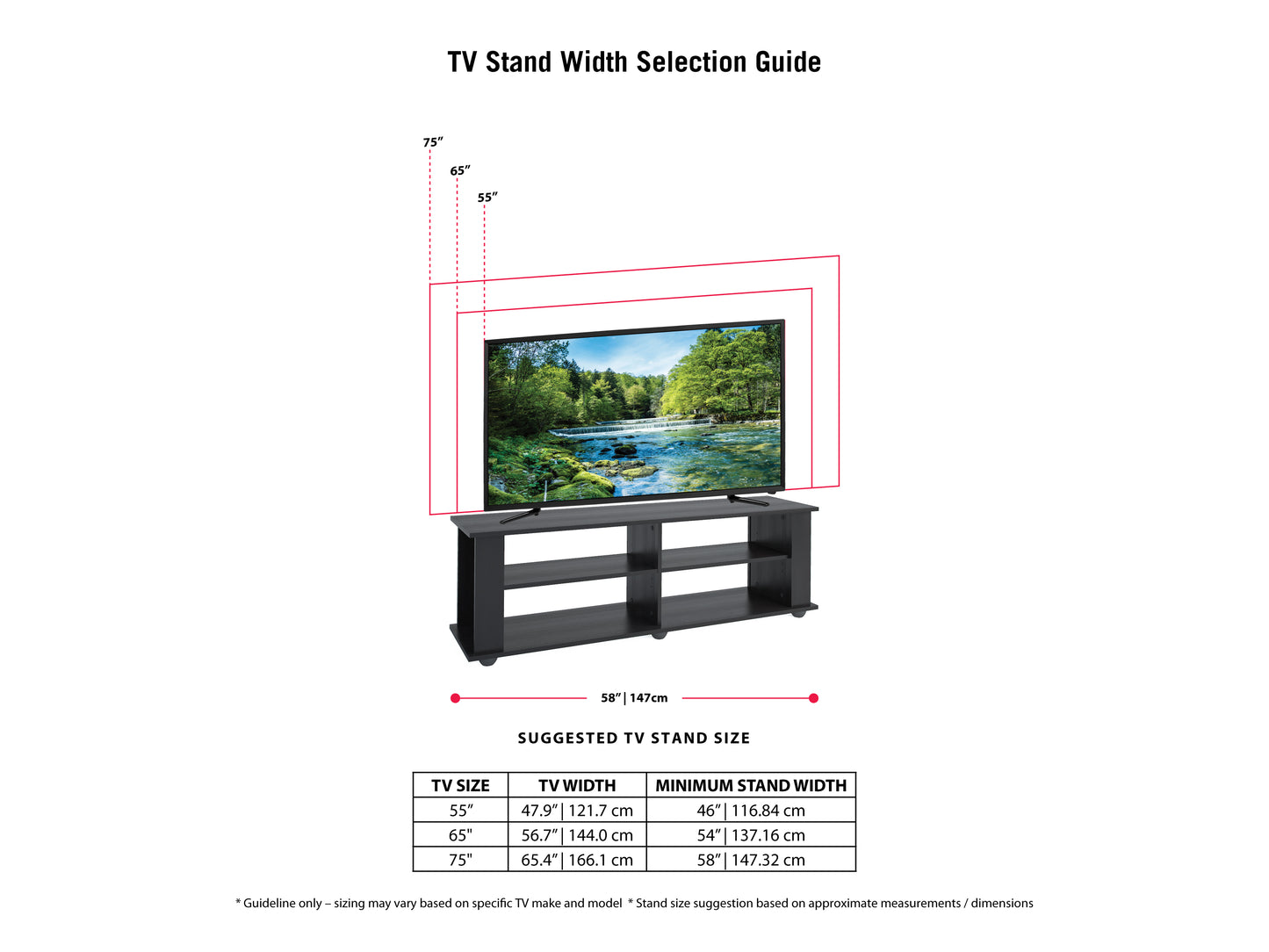 Black wooden TV stand with sleek design, two open shelves, and two cabinets for storage; fits TVs up to 75 inches.