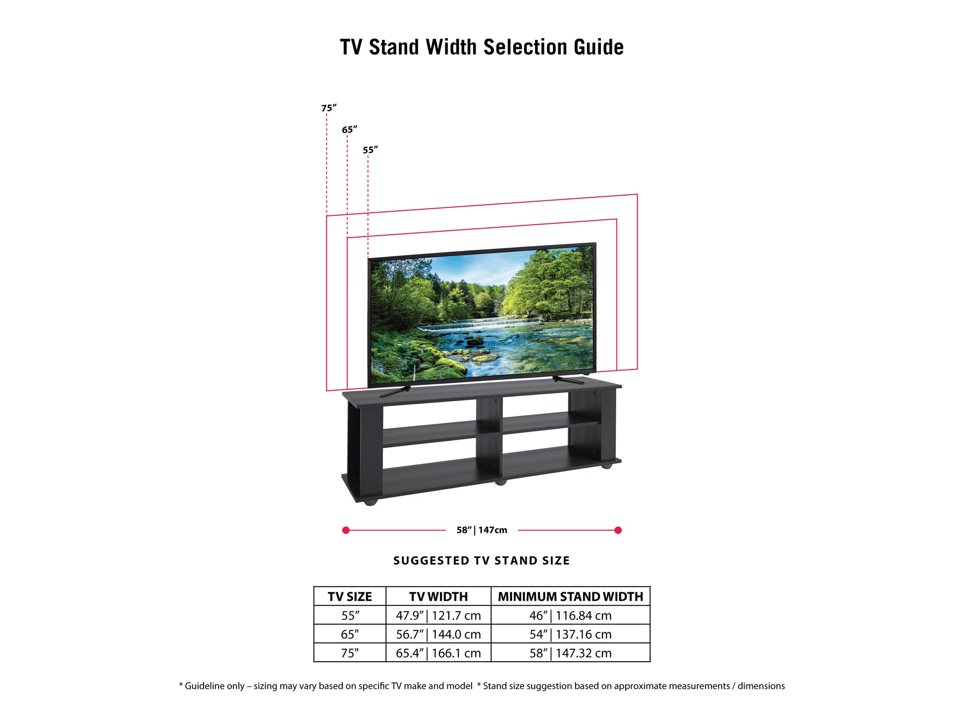 Black wooden TV stand with sleek design, two open shelves, and two cabinets for storage; fits TVs up to 75 inches.