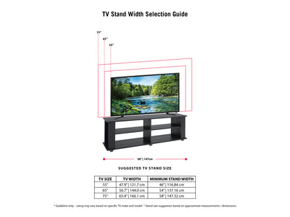 Black wooden TV stand with sleek design, two open shelves, and two cabinets for storage; fits TVs up to 75 inches.